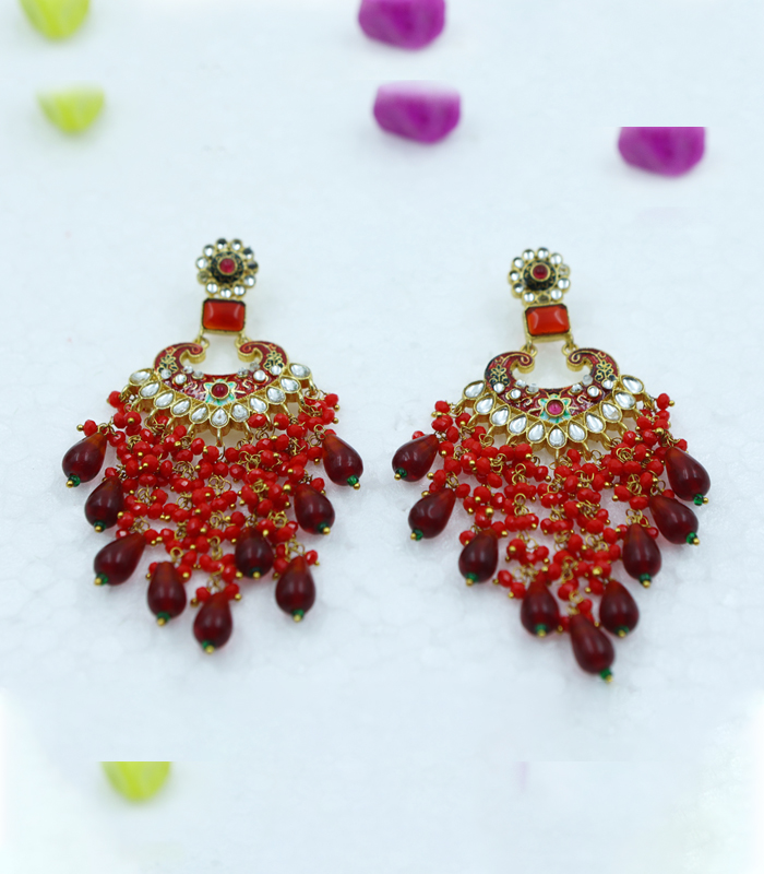 Red Kundan Pearl-Embellished Stylish Pearl Brass Drops 3